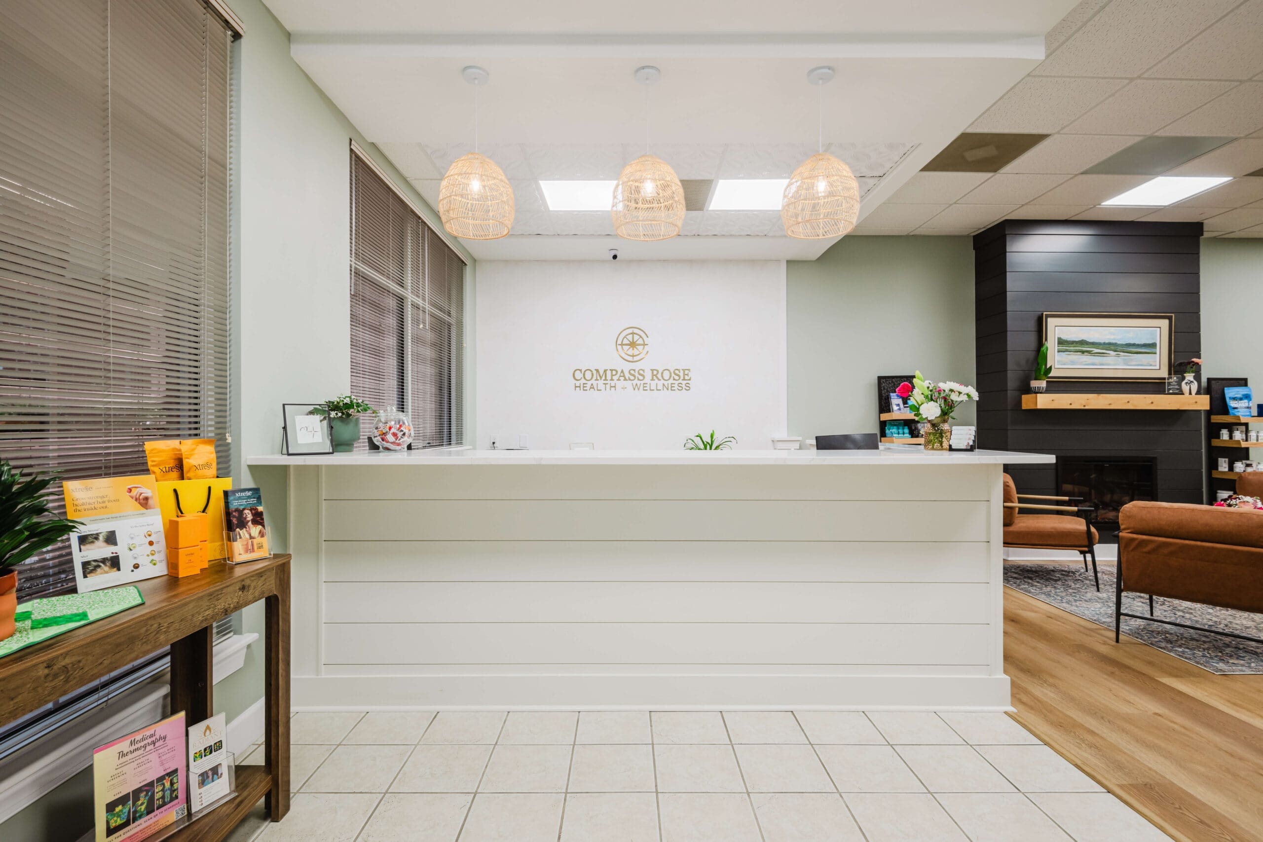 A look at the front desk and waiting area of Compass Rose Health and Wellness